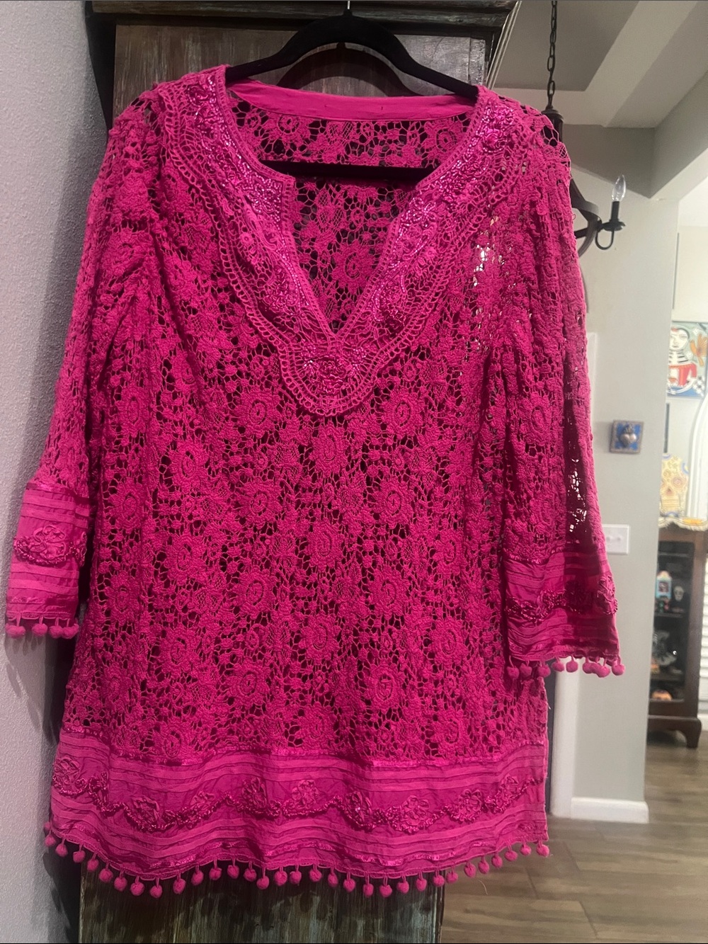Women’s Fuchsia Crochet Lace Tunic swimsuit coverup .
